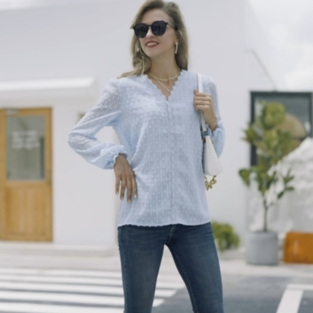 Grace Karin Baby Blue Longsleeve Thin Blouse Large - Picture 4 of 12